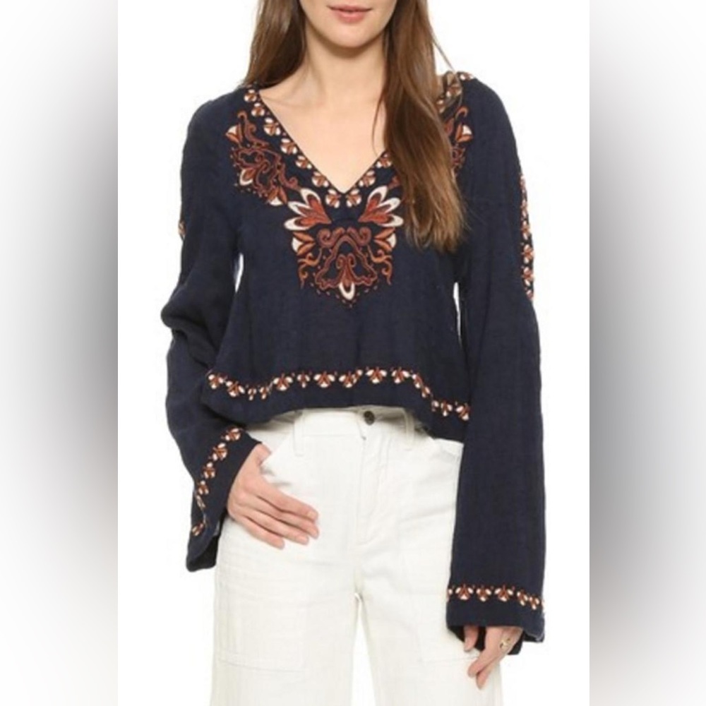 Free People Embroidered High Times Bell Sleeve Top
